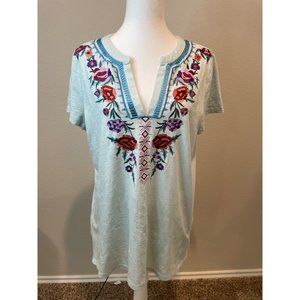 Soft Surroundings Blue Floral Detail V Neck Blouse